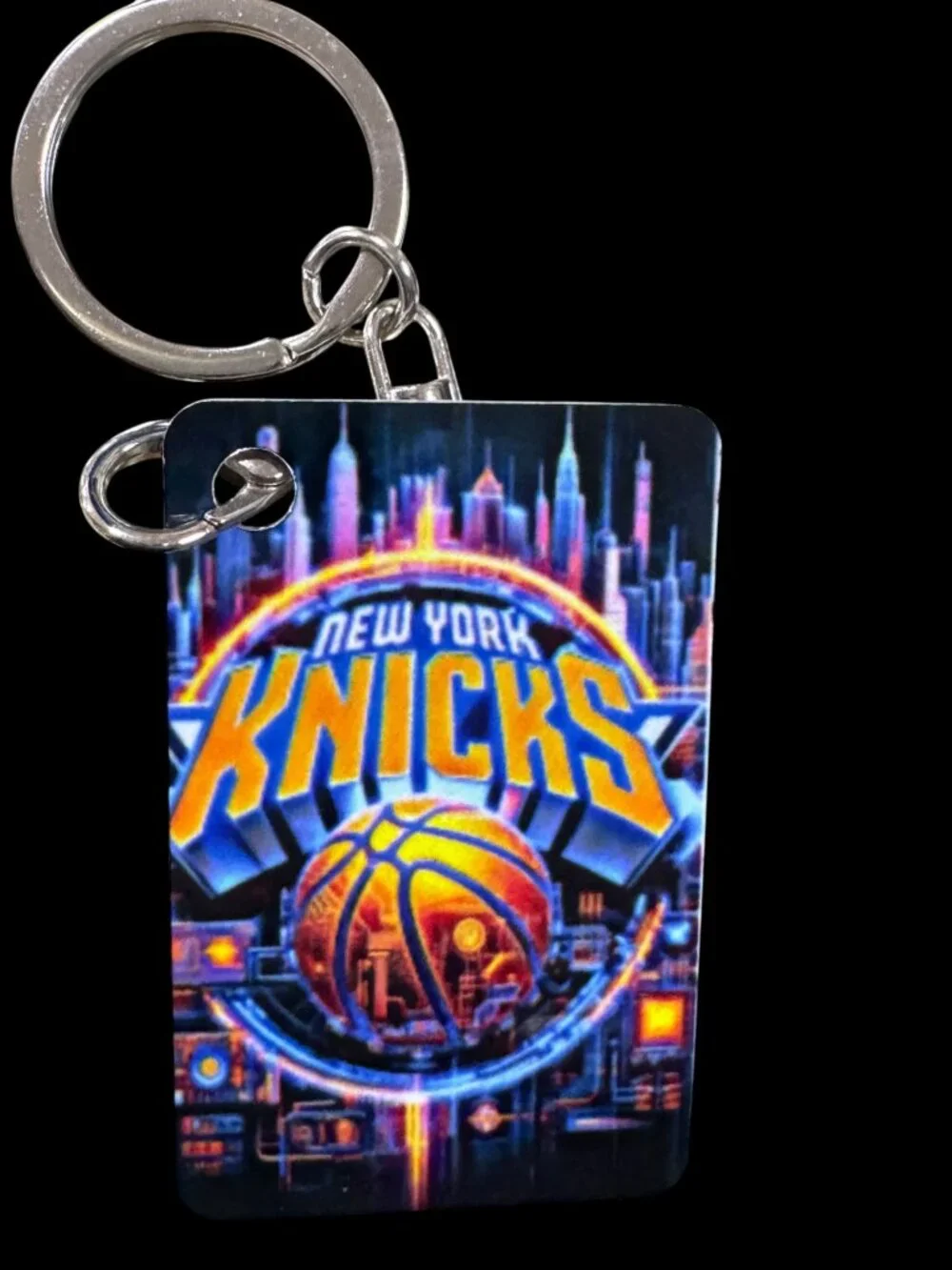 New York Knicks Keychain, Metal, Neon City Skyline Graphic, Lobster Clasp with S